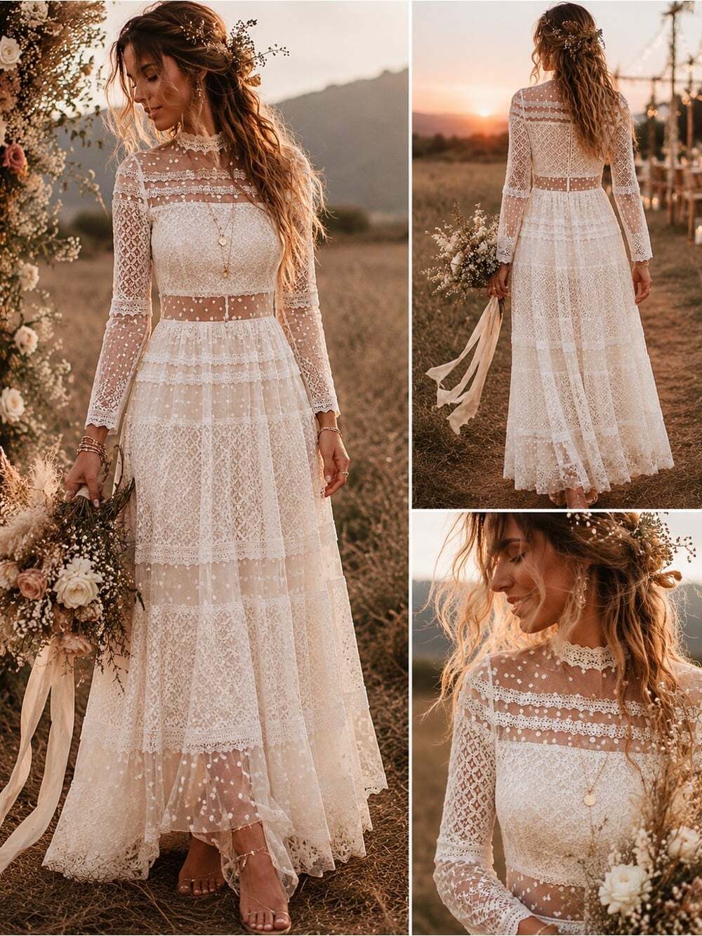 Vintage White Lace Swiss Dot Maxi Dress Victorian Prairie Cottage Romantic Boho